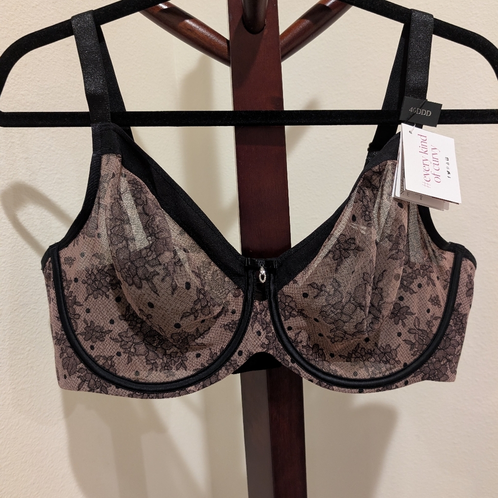 Curvy Couture Black/Tan Balconette Bra, Size 40DDD - NEW